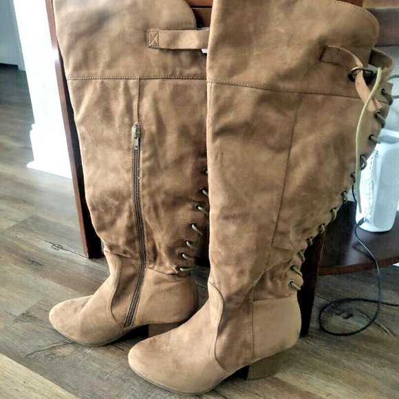 Womens Size 9 Wide Over the Knee Foldable Cuff Tan Rust Lace Up Faux Suede Boots - Picture 3 of 4